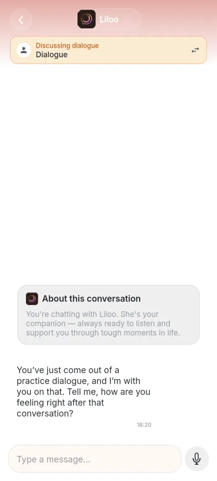 Liloo reflection dialogue screen in English